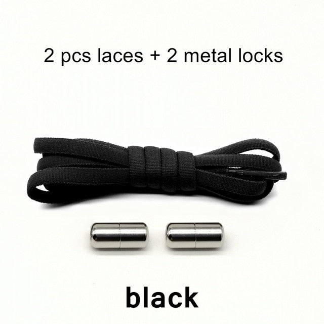 2 Pairs No Tie Elastic Tie Less Lock Shoe Laces for Running Sneakers Kids Adults Lock Black